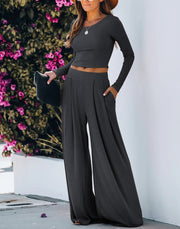 POCKETED RIBBED WIDE LEG PANTS