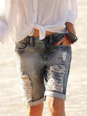 Casual Mid-rise Ripped Distressed Denim Bike Shorts