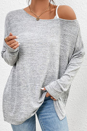 Solid color shoulder sling top casual loose long-sleeved t-shirt