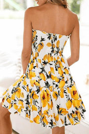 Wrap-chest Panelled Lemon Print Ruffled Backless Women's Dress