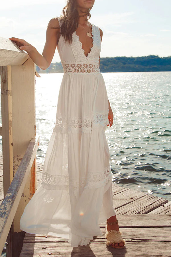 Robe de vacances sexy en mousseline de soie, col en V, sans manches, avec grande évasée