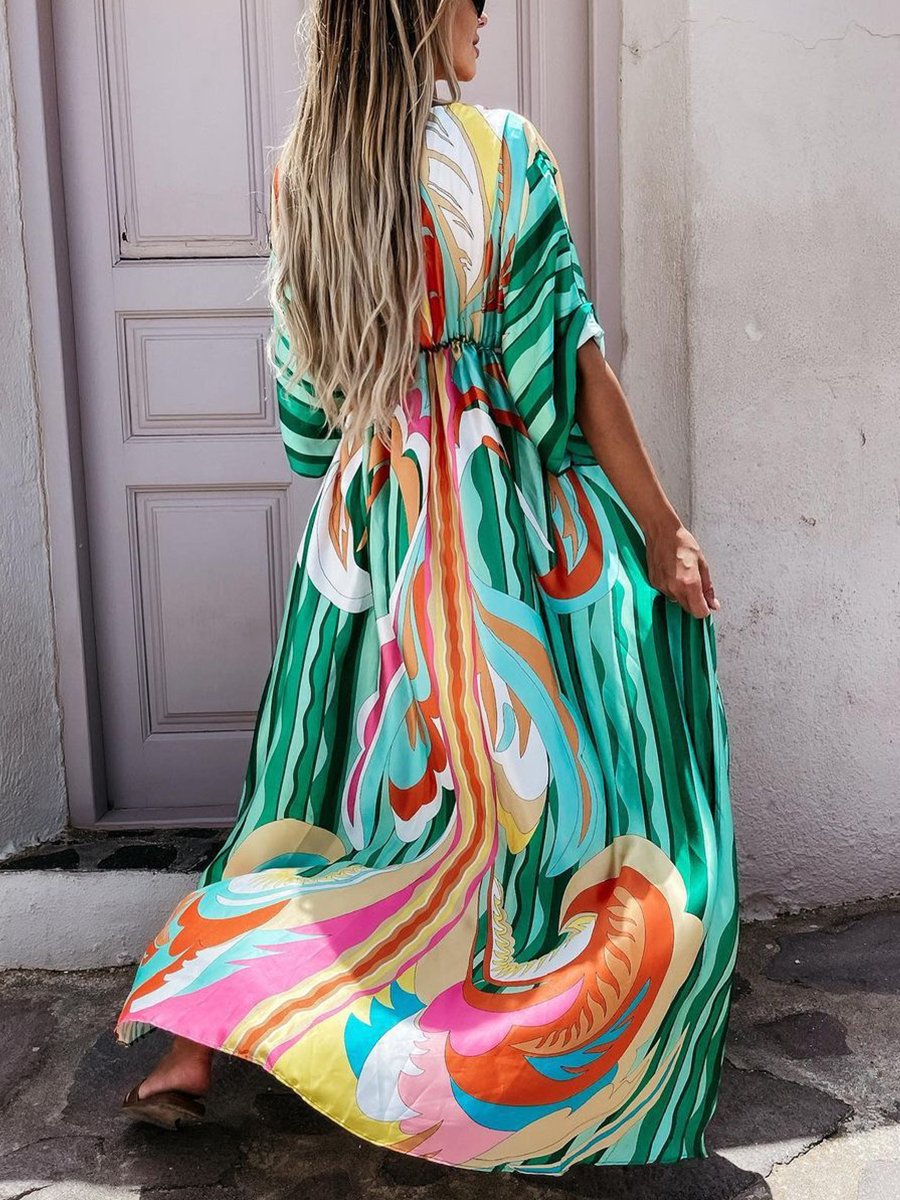 Robe longue fendue à col en V et imprimé numérique