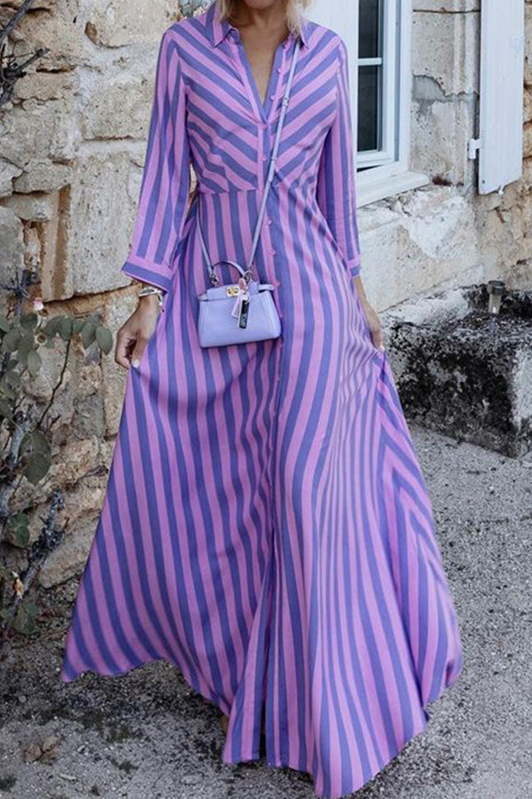 Fashionable long-sleeved temperament mid-length striped dress