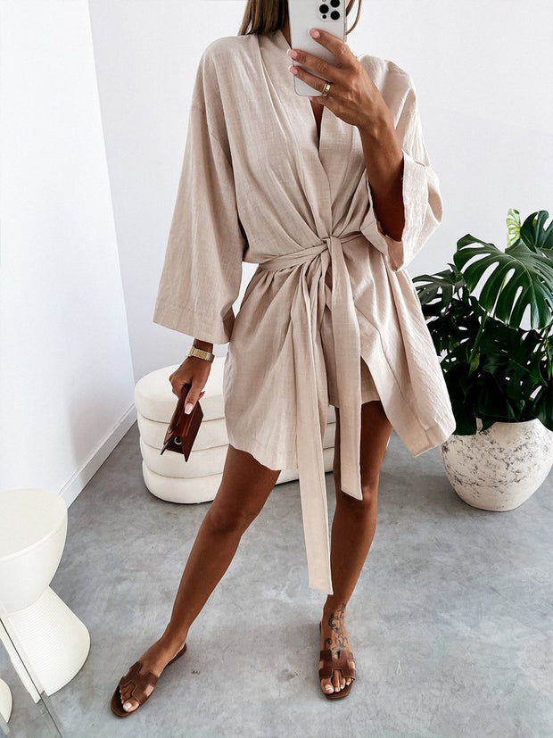 Linen V-Neck Mini Dress