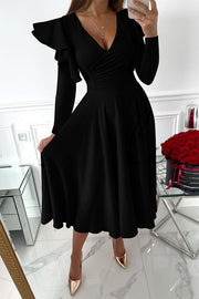 V-neck Ruffled Long-sleeved Waist Dress