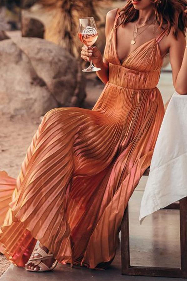 Orange Pleated Spaghetti Strap V-neck Elegant Cocktail Party Maxi Dress