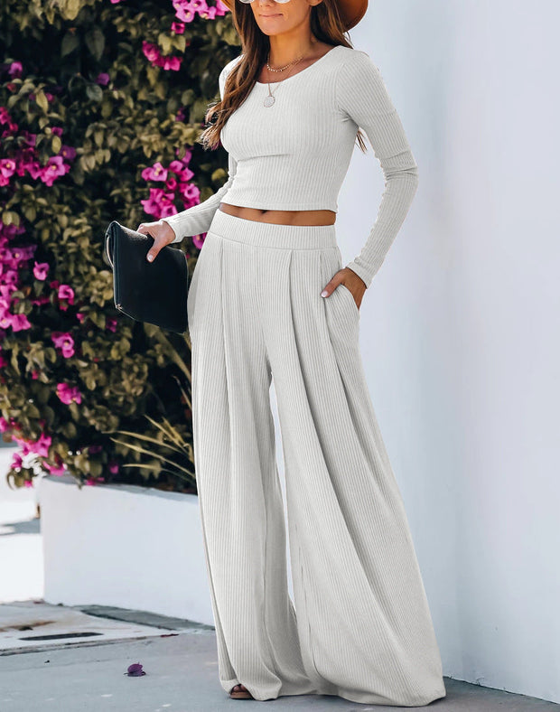 POCKETED RIBBED WIDE LEG PANTS