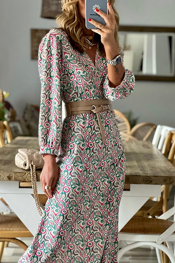 V-neck Multi Print Midi Dress