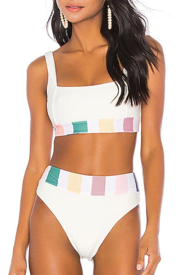 Bandeau Color-lump Patchwork White Bikini Set