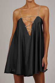 Loose Large Size Crystal Diamond Chain Sling Sexy V Neck Backless Satin Dress