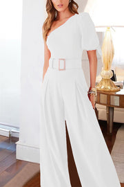 One-shoulder sleeve slim jumpsuit solid color trousers