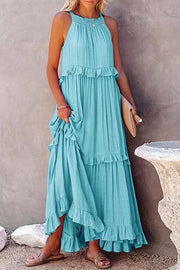 Vittoria Shirred Ruffle Tiered Maxi Halter Dress