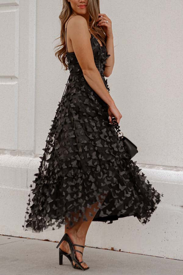 Parisian Nights Applique Butterfly Tulle Lace-up Back Midi Dress