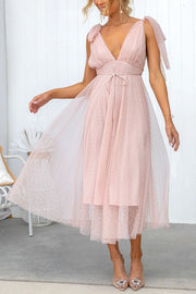 Summer Cinderella Tulle Polka Dots Tie Straps Midi Dress