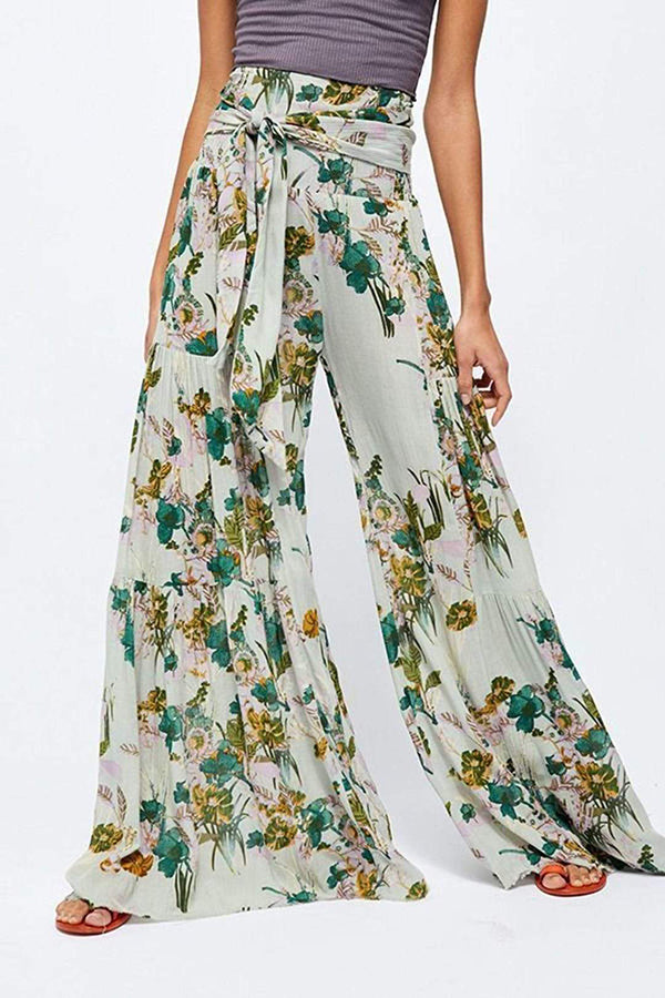 Printed Women's Loose Beach Wide Leg Lace-up Trousers