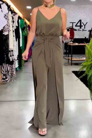 Bandage Solid Color Loose Wide Leg Spaghetti-Neck Jumpsuits