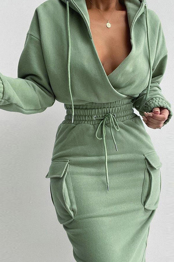 Solid Color V-Neck Drawstring Fashion Casual Suit
