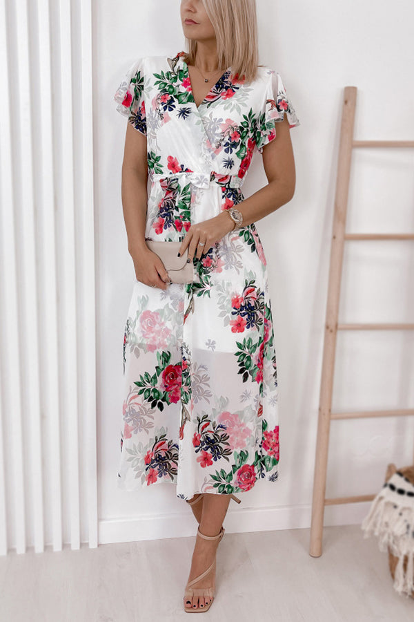 Point of Pretty Floral Ruffle Sleeve Midi Dress